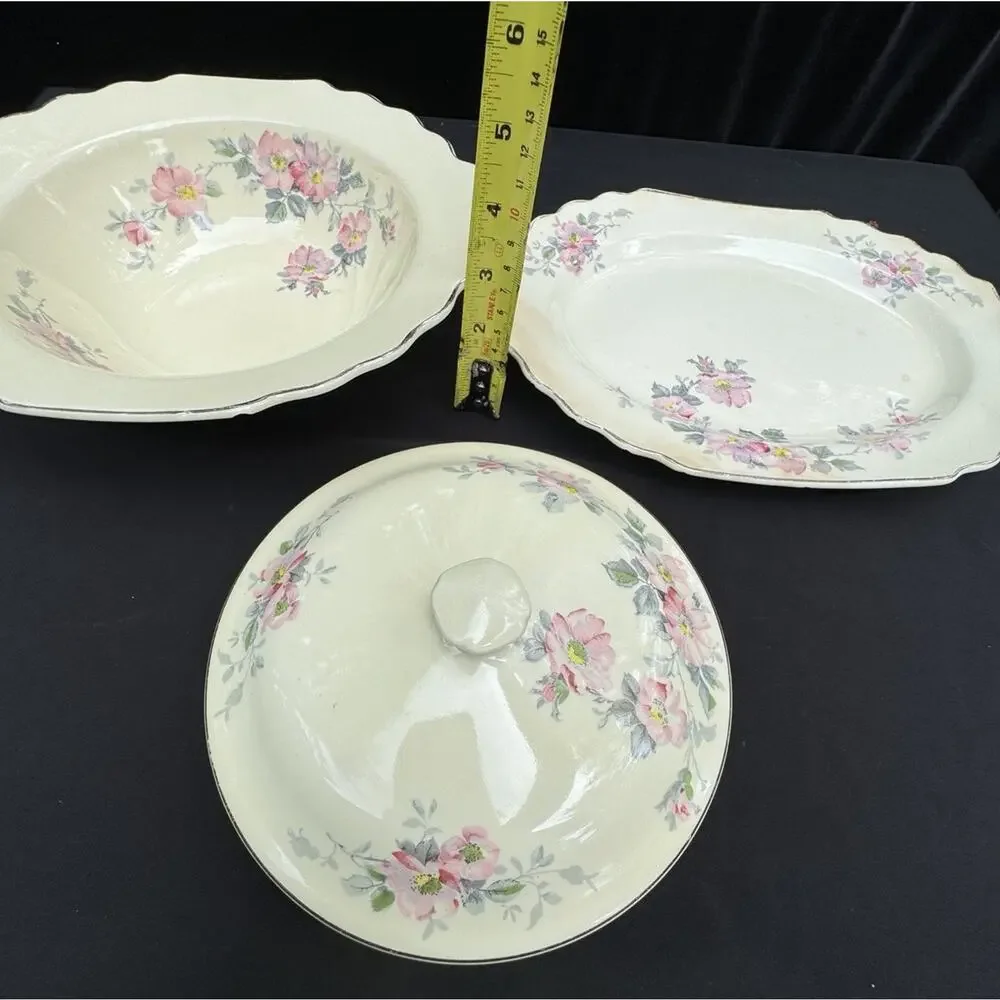2 Vintage WS George LIDO Canarytone Pink Floral Bowls Serving Dishes -A84